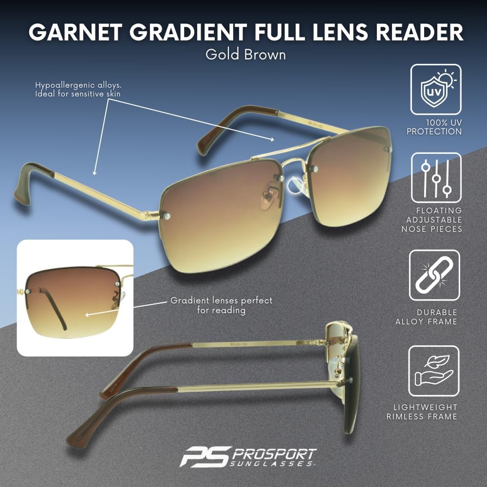 proSPORT Sunglasses Readers Full Lens Square Aviator Rimless Metal Silver Gold Gradient Grey Brown Tint Men Women NOT BIFOCAL