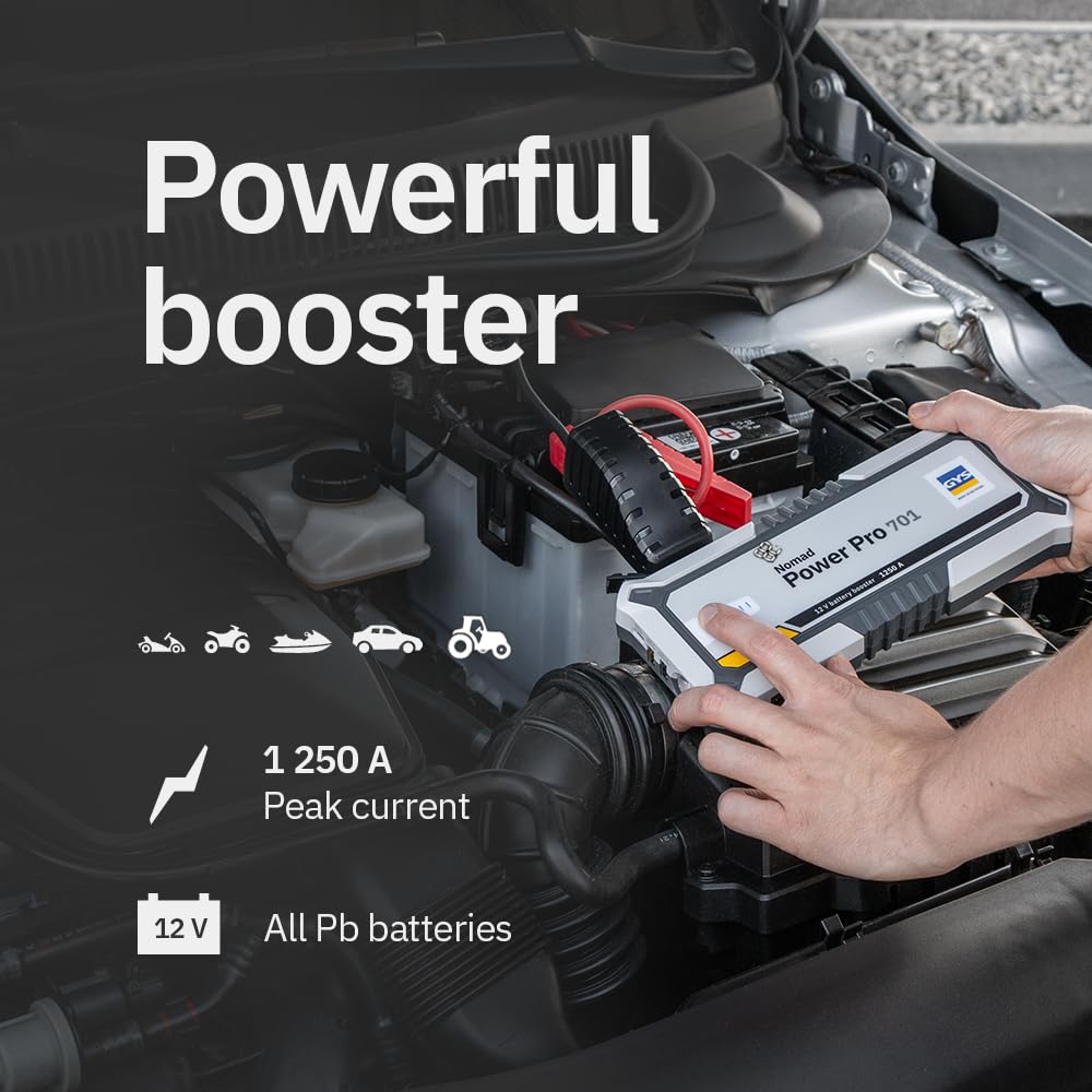 GYS, Nomad Power Pro 701, Démarreur/Booster Batterie Lithium Portable 2000A, Véhicules 12V (Moto, Voiture), Démarrage Sécurisé, Batterie Externe 6Ah (PowerBank), Lampe LED, Ecran LCD