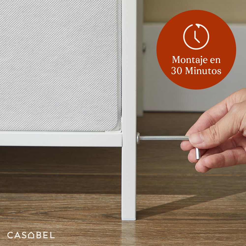 CASABEL cómoda Alta y Estrecha Blanca, 5 cajones de Tela rígida, Metal Blanco y Tablero, 45x30x94cm, cajonera para Dormitorio, salón, recibidor o Pasillo, sinfonier Funcional y práctico