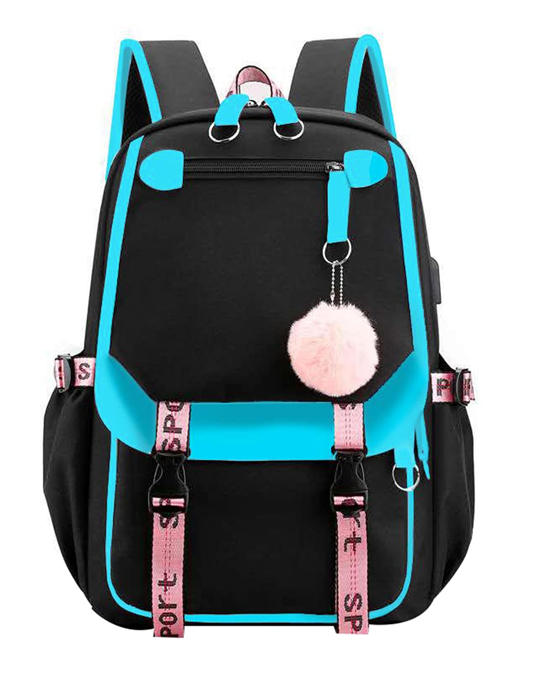 JiaYou Teenage Girls' Backpack Middle School Students Bookbag Outdoor Daypack with USB Charge Port (21 Liters, Light Blue)