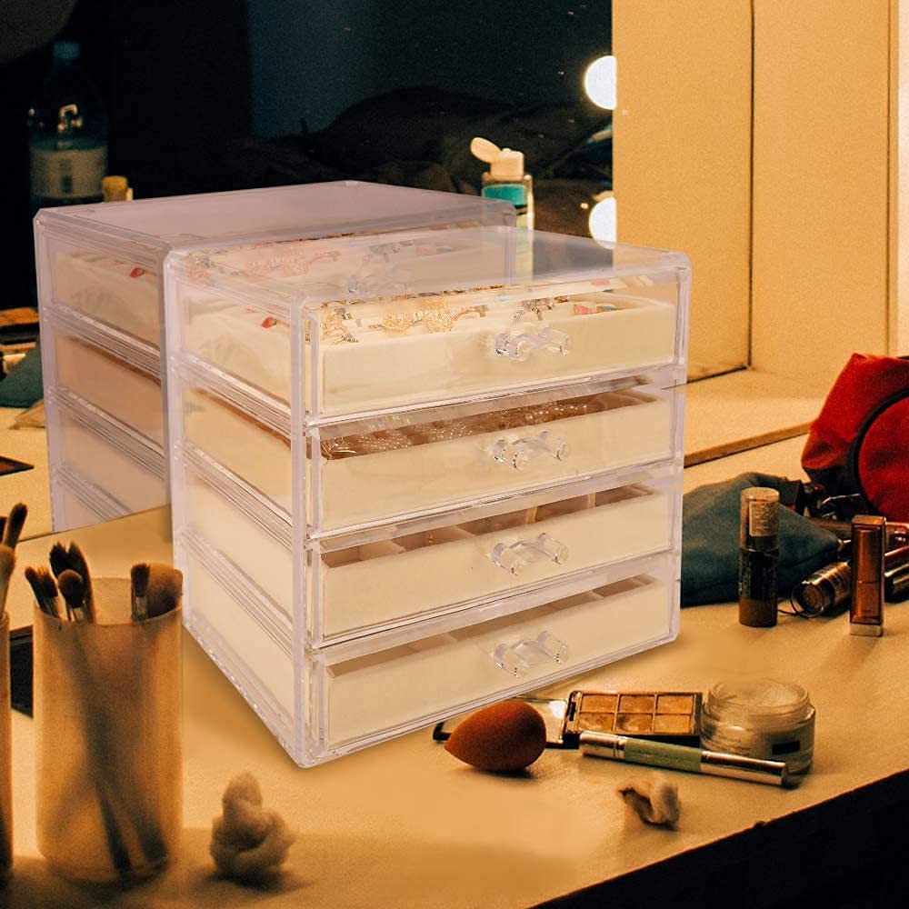 Acrylic with 4 Drawers Velvet Jewellery Storage Box Transparent Jewellery Storage Box for Women (Grey) (Gray) (White) (Beige)