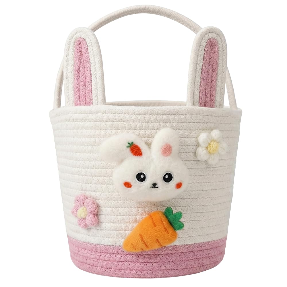 Woven Bunny Gift Basket with Handles, Pink Rabbit Basket 10" × 8", Durable Rope Picnic and Storage Basket for Toys, Candy, Baby Gifts, Nursery Room Decor