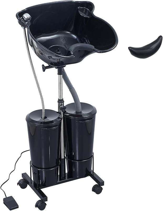 Estación de lavado de cabello portátil eléctrica, bandeja de lavado de cabello para fregadero en casa, lavabo de salón portátil para peluquero (negro, con 2 cubos)
