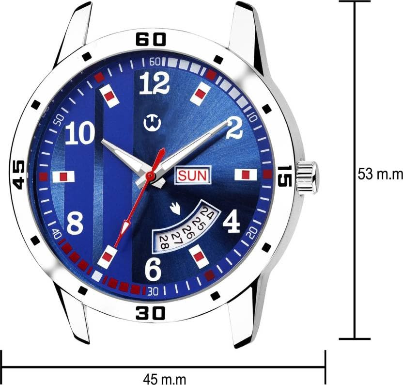Image of Men's Analog wristwatch, Silver Stainless Steel Strap Blue Day & Date Dial, Water Resistant, Formal & Casual Wear, Gift Watch for Men