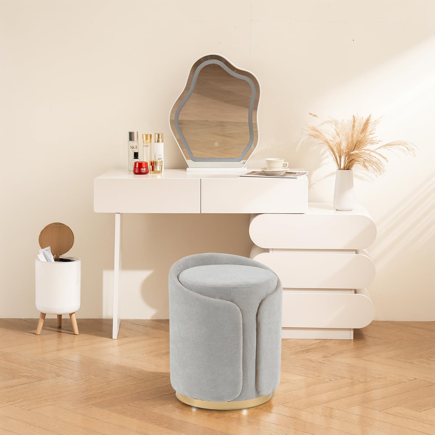 DRKAT Swivel Vanity Stool with Gold Base Comfy Vanity Chair Modern Round Stool for Makeup Vanity Ottoman Foot Rest for Bedroom livingroom (Light Gray)