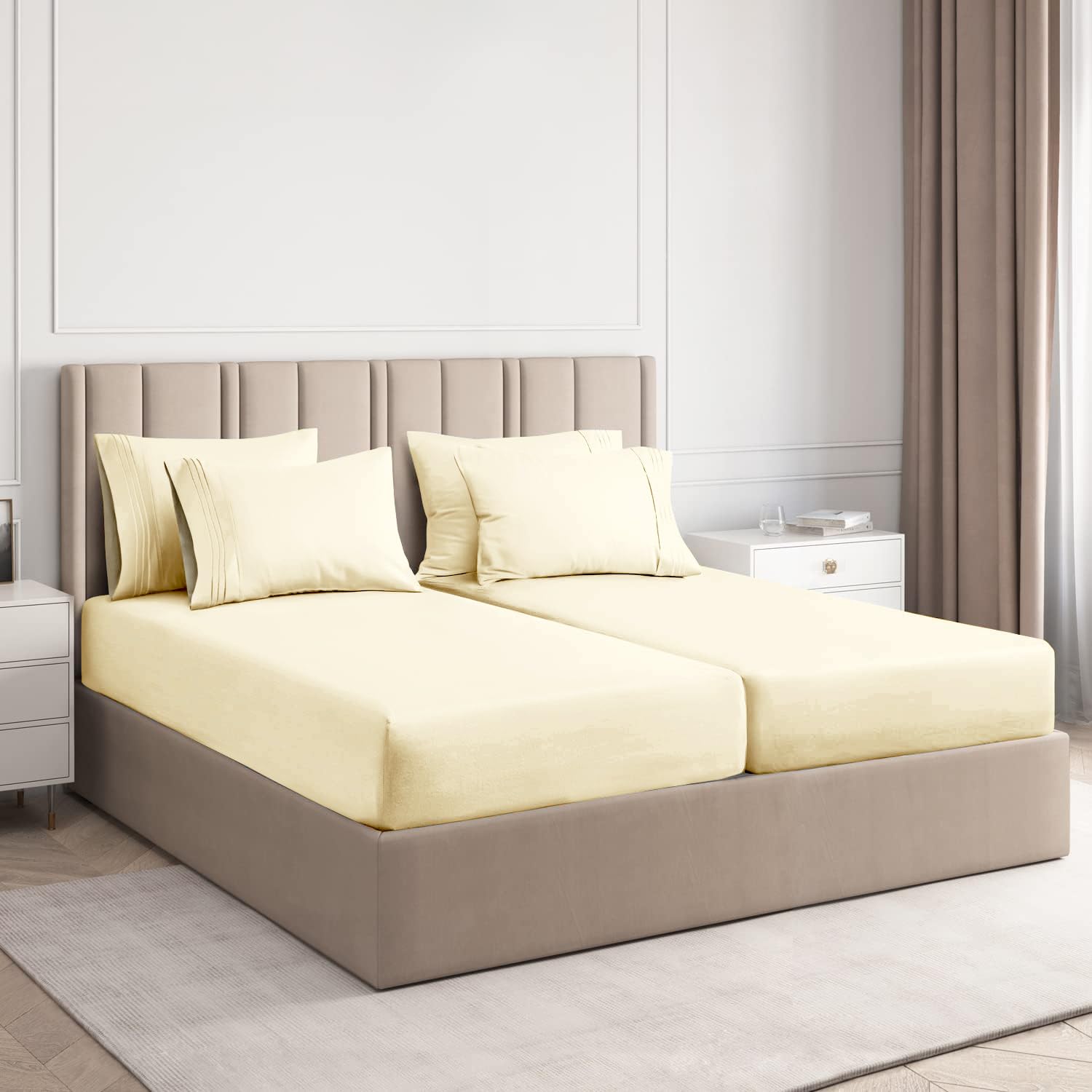 Split King Size Sheet Set - 7 Piece Set - Hotel Luxury Bed Sheets - Extra Soft - Deep Pockets - Easy Fit - Breathable & Cooling Sheets - Wrinkle Free - Comfy - Off White Bed Sheets - 7PC