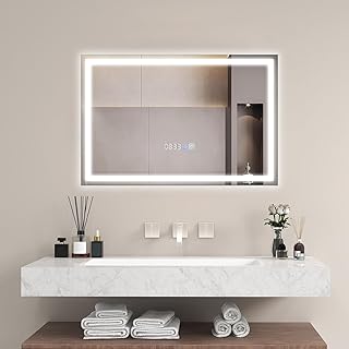 Comprar FANTASK Espejo de baño con iluminación, 60 x 40 cm, Espejo LED Regulable, 3000 K-6000 K, antivaho, Espejo de baño con Reloj