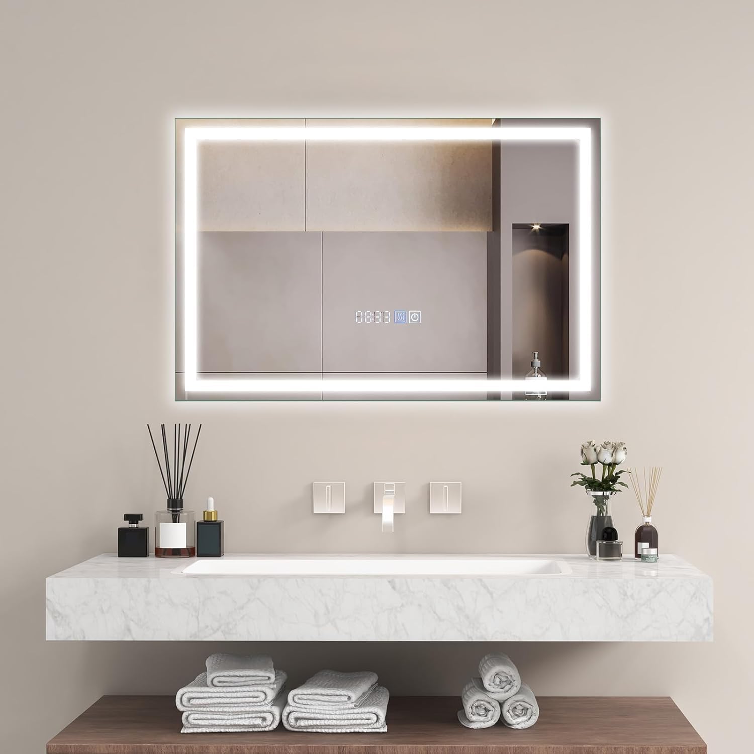 FANTASK Lustro łazienkowe z oświetleniem, 60 x 40 cm, z funkcją ściemniania, 3000-6000 K, z funkcją zapobiegającą parowaniu, lustro łazienkowe z zegarem