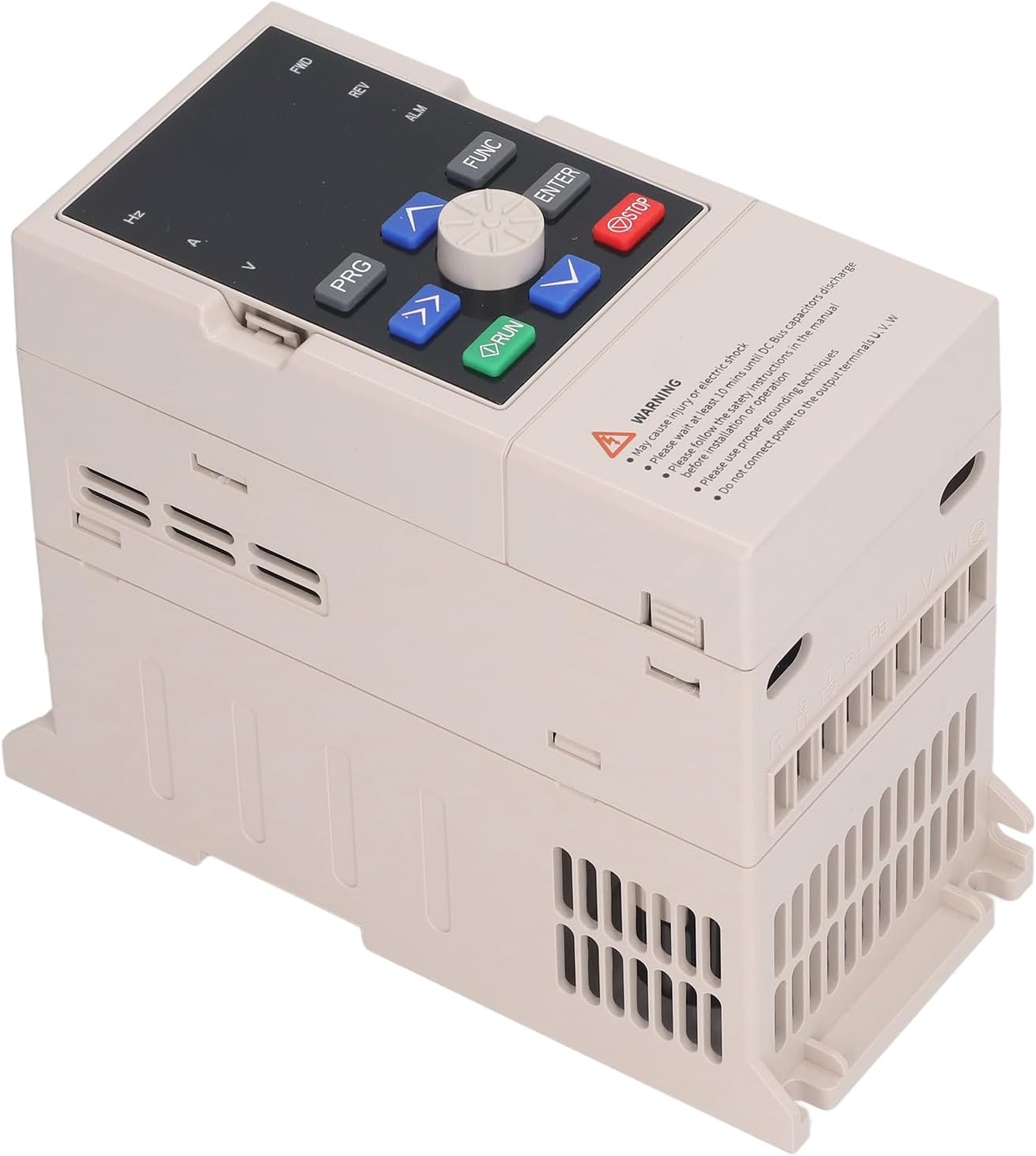 Front view of the Eujgoov VFD control panel with a prominent warning label.