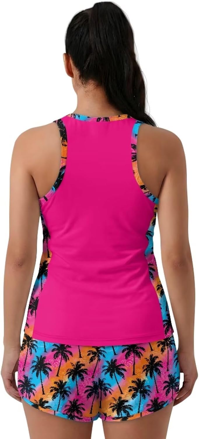 Womens Tummy Control Casual Tankini with Pockets Summer Sporty Racerback Top with Bra and Boyshorts Bathing Suits