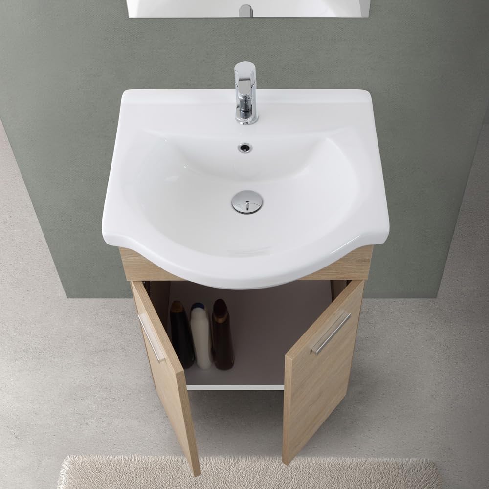 Composizione da Bagno 56x45 Moderna a Terra con Piedi Cromo Lucido - Completo di Specchio e Lavabo in Ceramica (Rovere Dolomite)