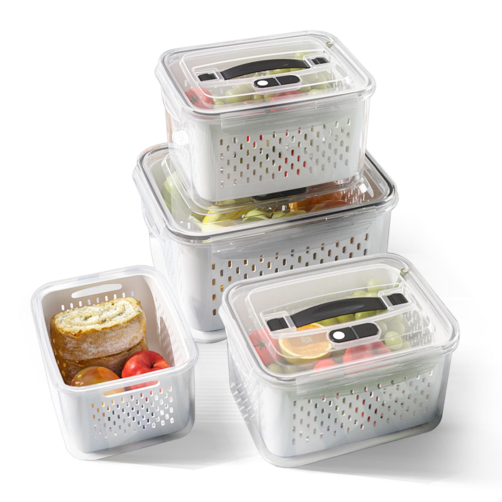 4 Pack Fruit & Veg Storage Containers - Stackable Organizers with Lids, Handles, Removable Colander