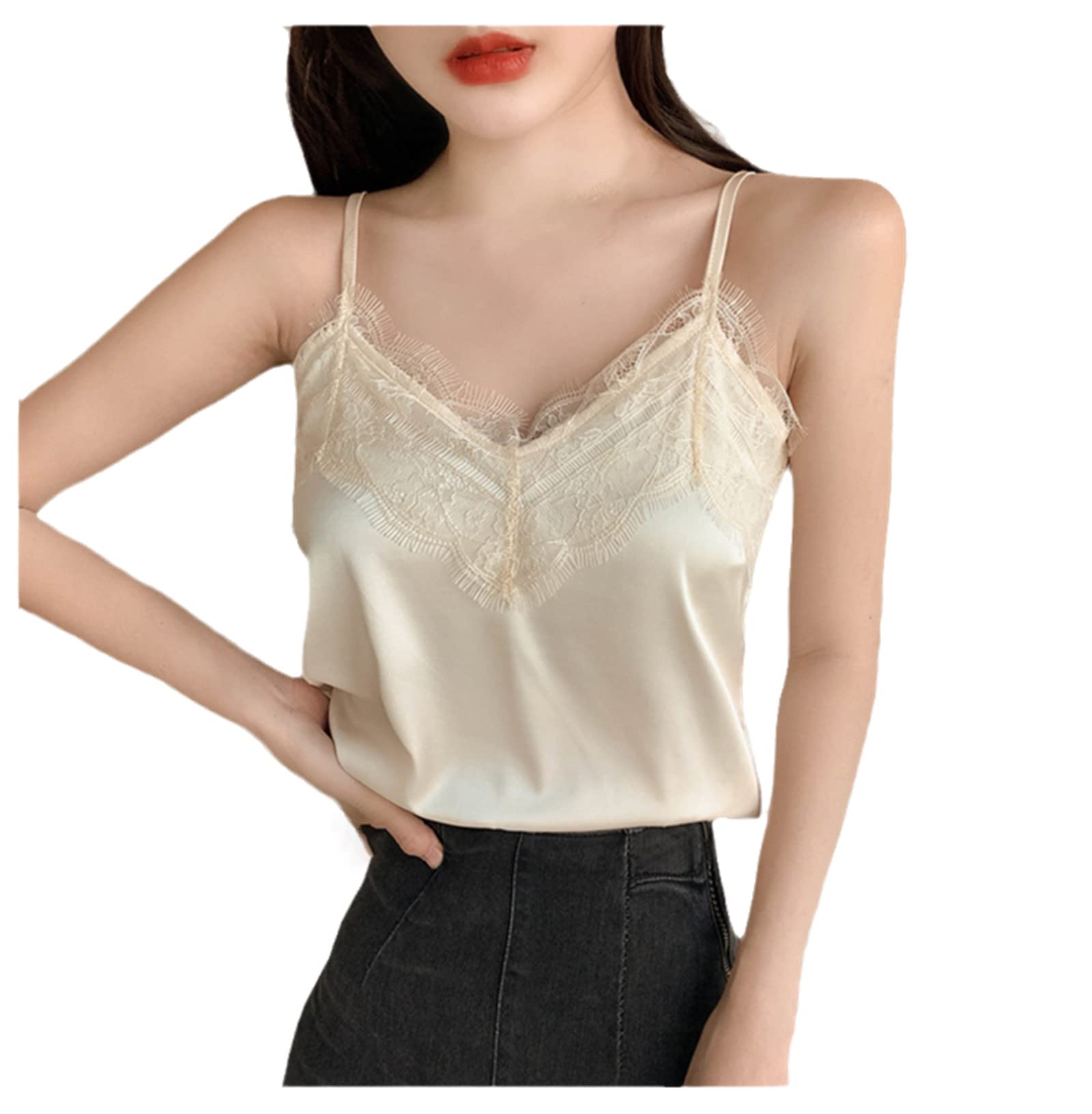 Verano de satén Crop Top Mujeres Blanco Encaje Tops Mujer Camisola Negro Halter Camisetas Mujer Ropa, albaricoque, 4XL
