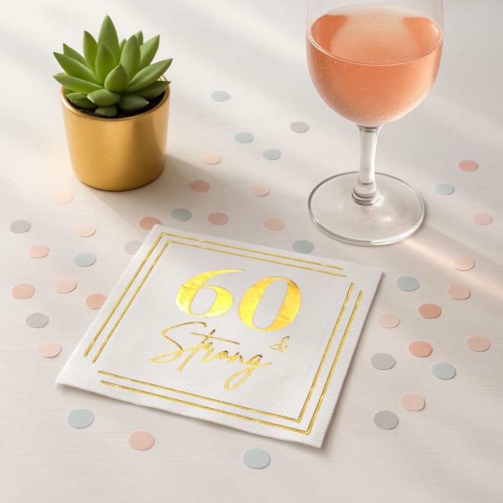 60th Birthday Cocktail Napkins, Gold 60 Years Old Bday Party Decorations, "60 & Strong" Disposable Paper Napkin Decor for Men & Women, Milestone Anniversary Celebration, Fabulous Gift Ideas, 50 Pack
