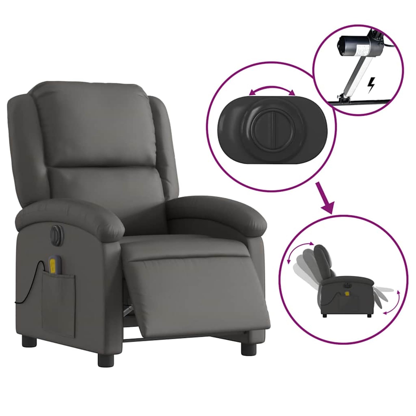 Sillón de masaje eléctrico gris de piel auténtica, 71 x 86,5 x 99,5 cm, 6 puntos de vibración, con función reclinable eléctrica para adultos