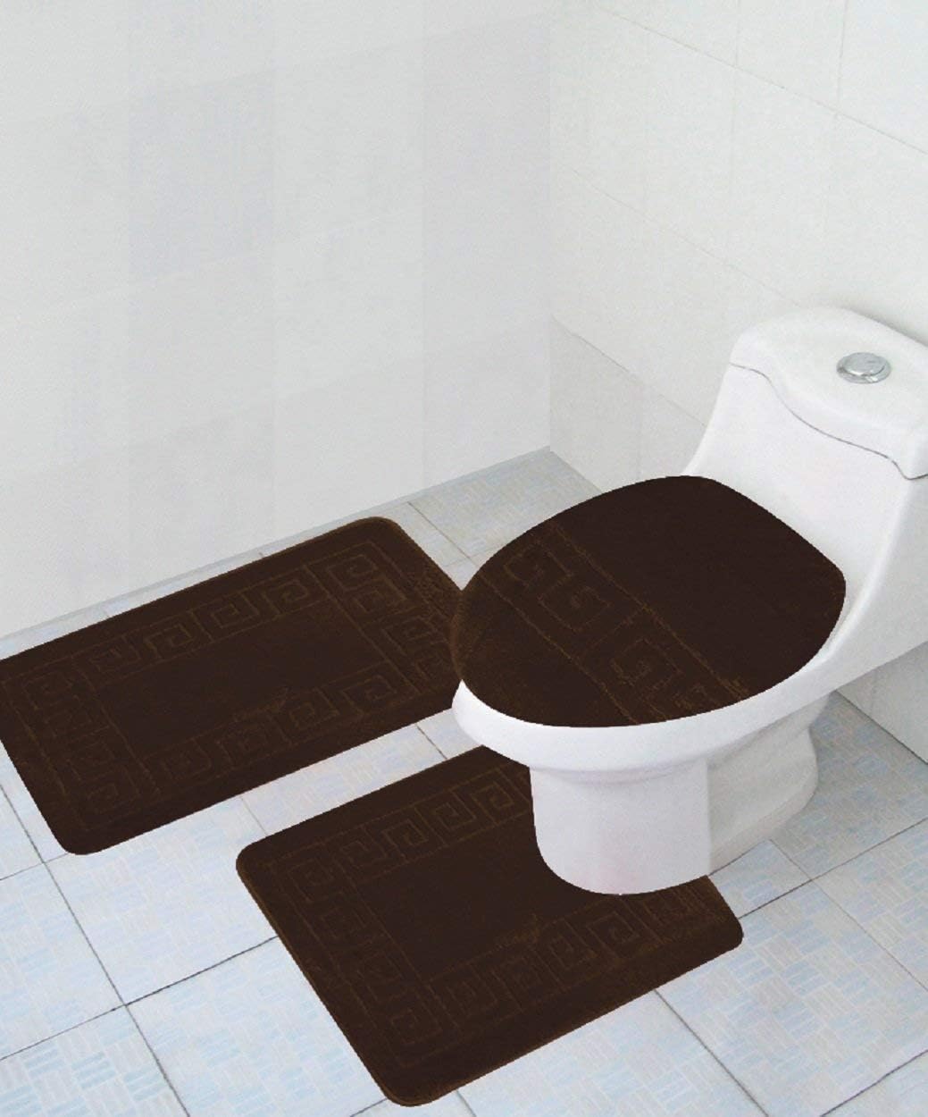 3 Piece Bath Rug Set Pattern Bathroom Rug (20"x32")/Large Contour Mat (20"x20") with Lid Cover (Brown) - Image 2