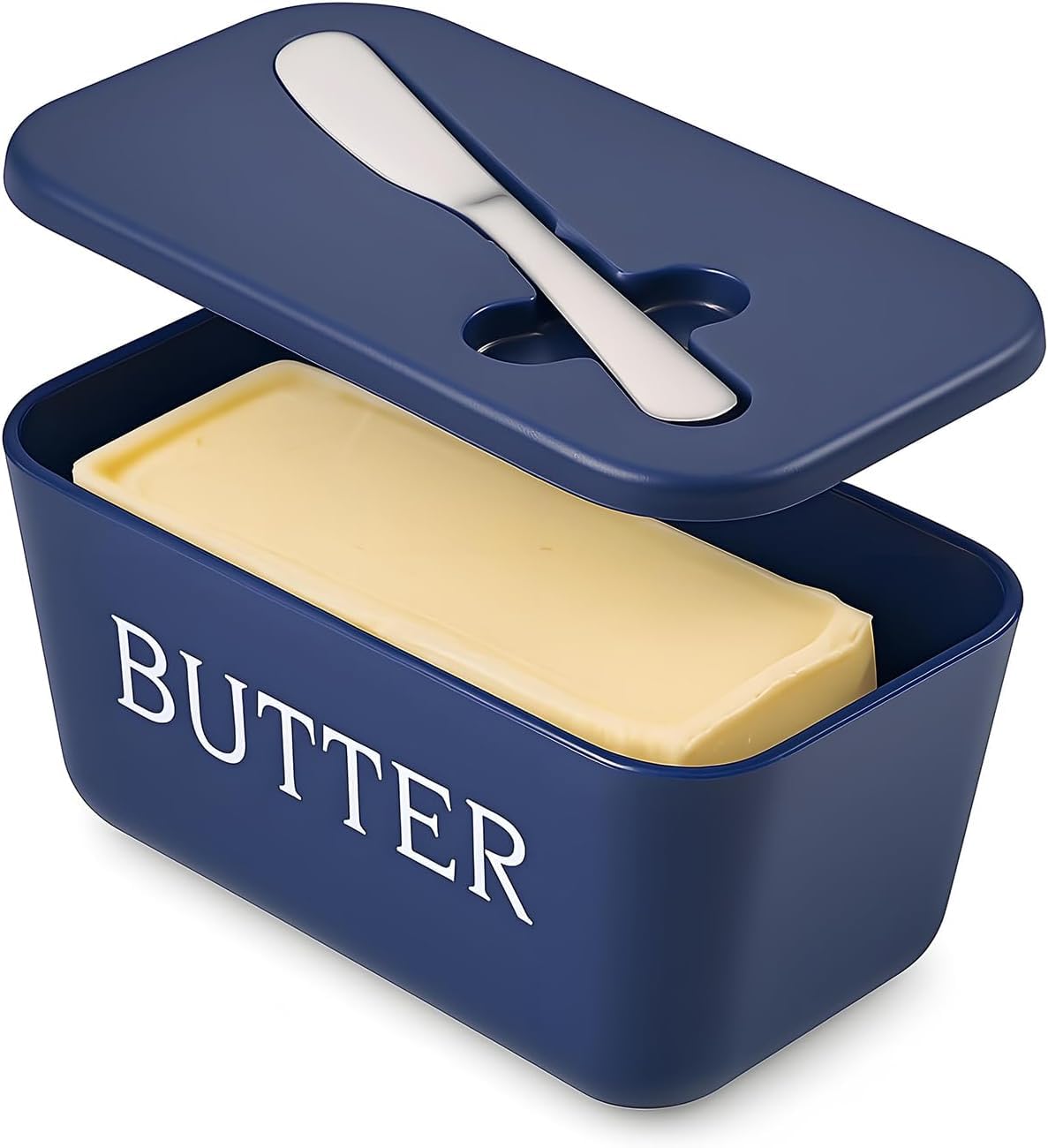 Kyraton Large Plastic Butter Dish with Lid and Knife, Food Grade PP Butter Holder Keeper with Cover for Kitchen Refrigerator Butter Container (Blue)