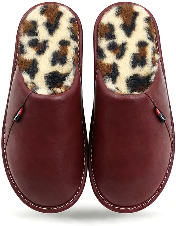 Pantuflas de Mujer, Cerradas, Estampado Leopardo, Forro de Piel Sintética