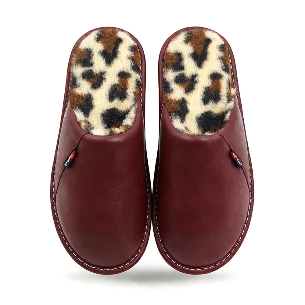 PXPUIQ Women’s Closed Toe House Slippers, Leopard Print Faux Fur Lined, Water-Resistant Upper Indoor Outdoor Slip-On Shoes