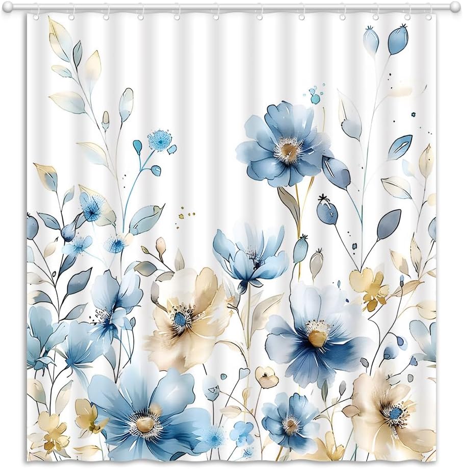 Blue Floral Shower Curtain Watercolor Flowers Leaves Botanical Rustic Farmhouse Fabric Bathroom Decor Curtains with Hooks, 70" Wx90 H
