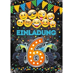 Junaversum Lot de 12 cartes d’invitation pour 6e anniversaire d’enfant Motif monstre camion Orange