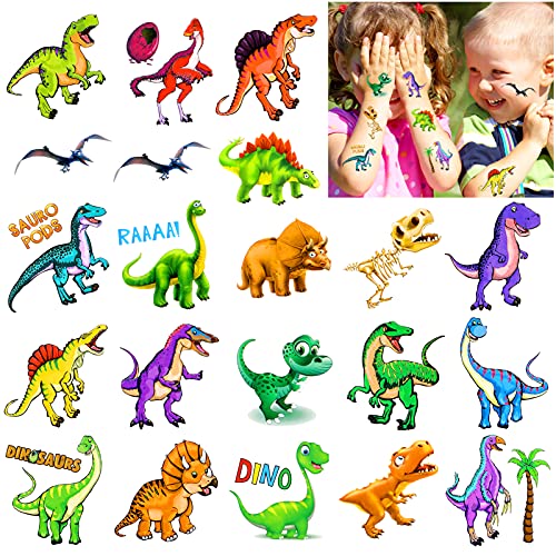 Qpout 20 hojas Tatuajes temporales de dinosaurio para niños,Tyrannosaurus Rex-Triceratops tatuaje pegatinas, para niños, hijo, dinosaurio, fiesta de cumpleaños Regalos de decoración de fiesta jurásico