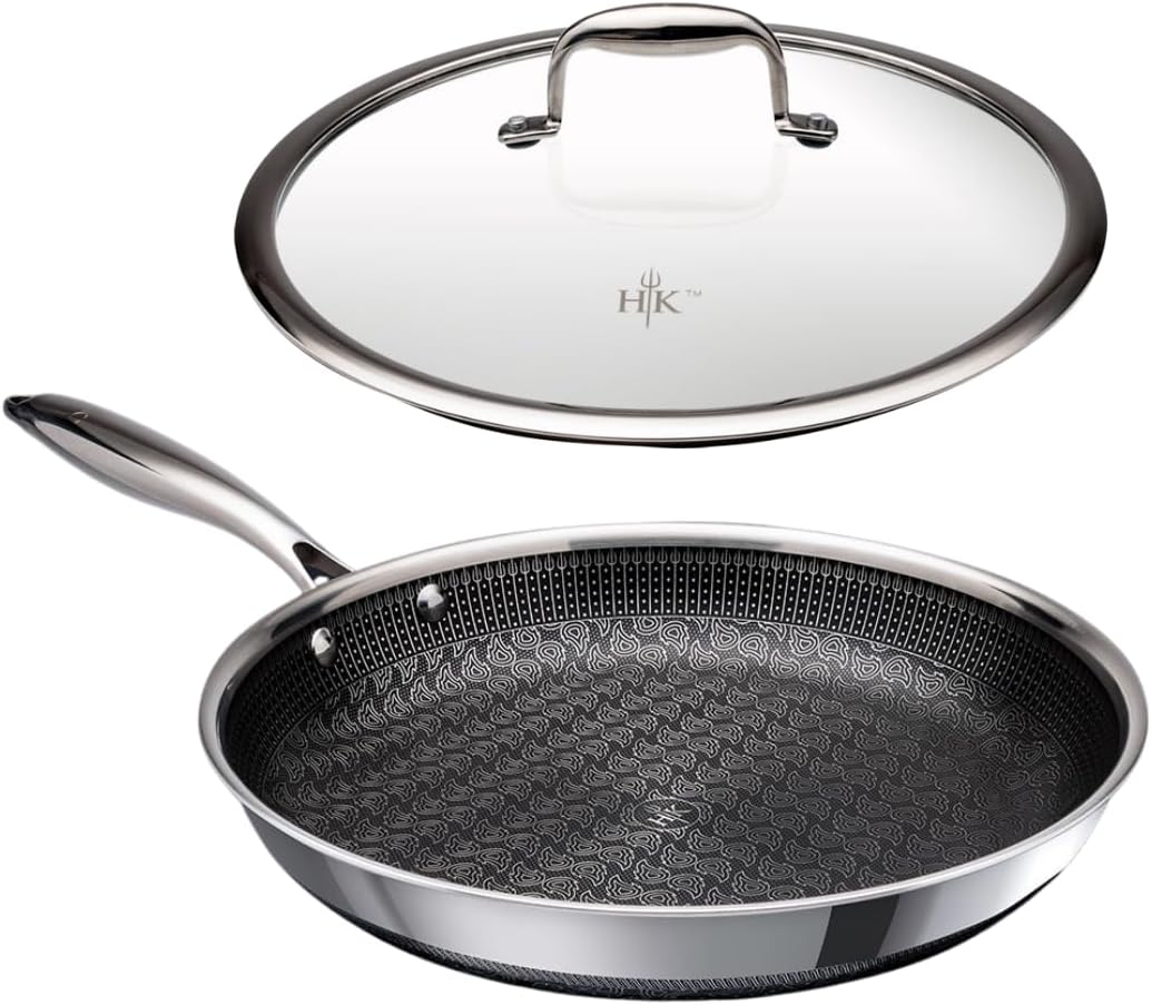 Hell's Kitchen 11 Inch Hybrid Fry Pan with Tempered Glass Lid, Triclad Stainless and Nonstick Ceramic, PFAS-Free, Stay Cool Handle, Oven Safe, Induction Ready, All Cooktops, Metal Utensil Safe