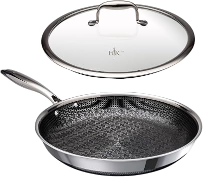 Hells Kitchen 11 Inch Hybrid Fry Pan with Tempered Glass Lid, Triclad Stainless and Nonstick Ceramic, PFAS-Free, Stay Cool Handle, Oven Safe, Induction Ready, All Cooktops, Metal Utensil Safe