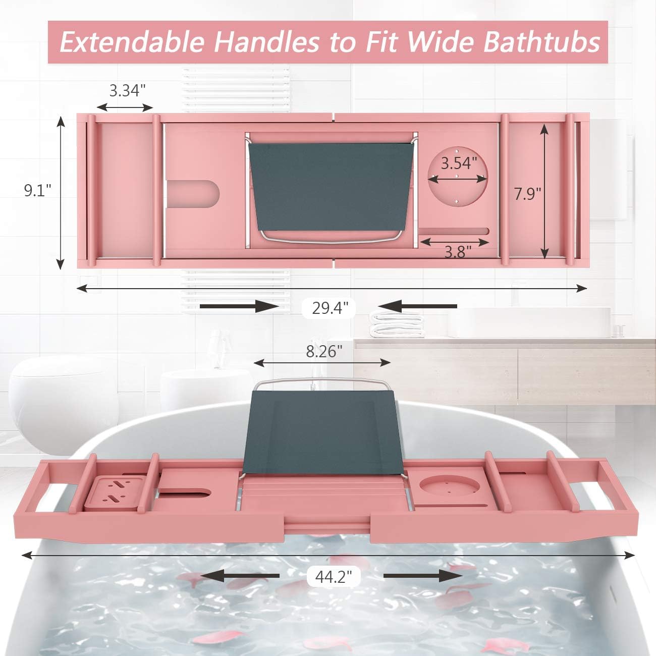 Domax Bathtub Caddy Tray - Expandable Bamboo Tub Tray for Luxury Bath with Book Holder Free Soap Dish Pink : Home & Kitchen