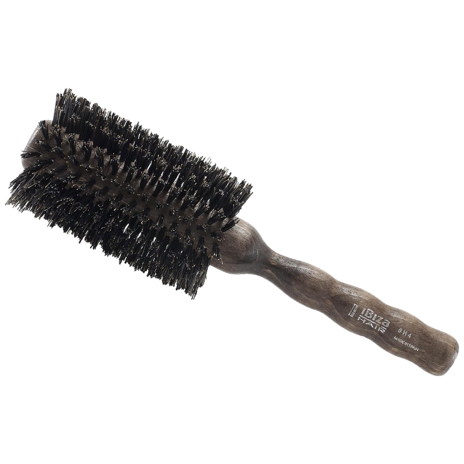 Ibiza Hair Round Boar Bristle Brush (H4-65mm) | Uniform Hybrid Boar & Nylon Bristles with Hardwood Handle | For Beachy Waves + Curls | Adds Texture & Shine for Coarse + Frizzy Strands