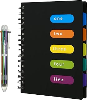 Kesote Subject Notebook with Multicolor Pen, Wire Bound Notebook 300 Pages A5 Journal Notebooks Subject Divider with 5 Colors Tab & 6-in-1 Retractable Ballpoint - Black