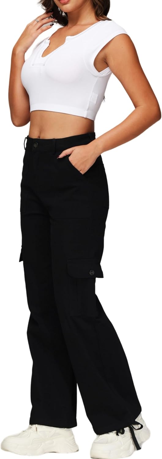 GUNLIRE Cargo Pants Women High Waist Baggy with 6 Pockets Y2K Wide Leg Stretch Straight Fit Elastic Slacks Streetwear - Image 3