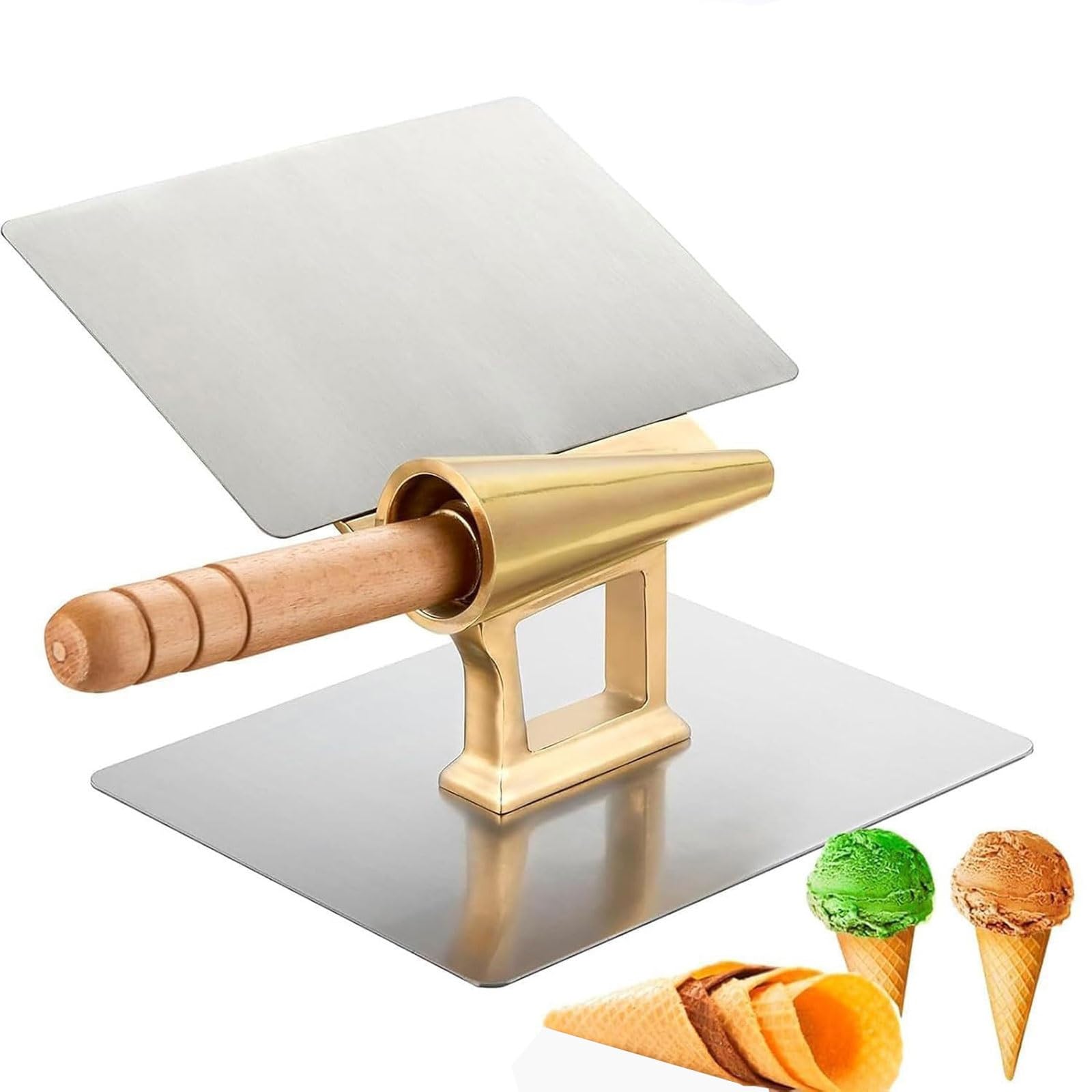 Eiwitany Cream Ice Cone Waffle Maker With Wooden Handle - Copper Egg Roll Mold, For Bakery, Snack Bar, And Family Use
