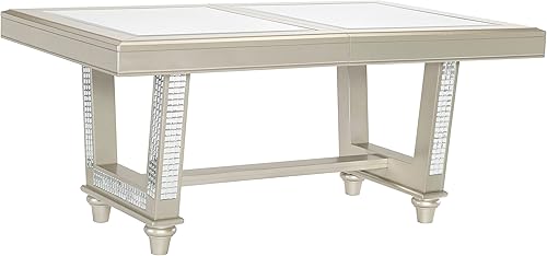 Miniatura 8 de Juego de mesa de comedor tradicional con acabado champán de 7 piezas con inserto de cristal 6 sillas laterales copetudas con respaldo copetudo