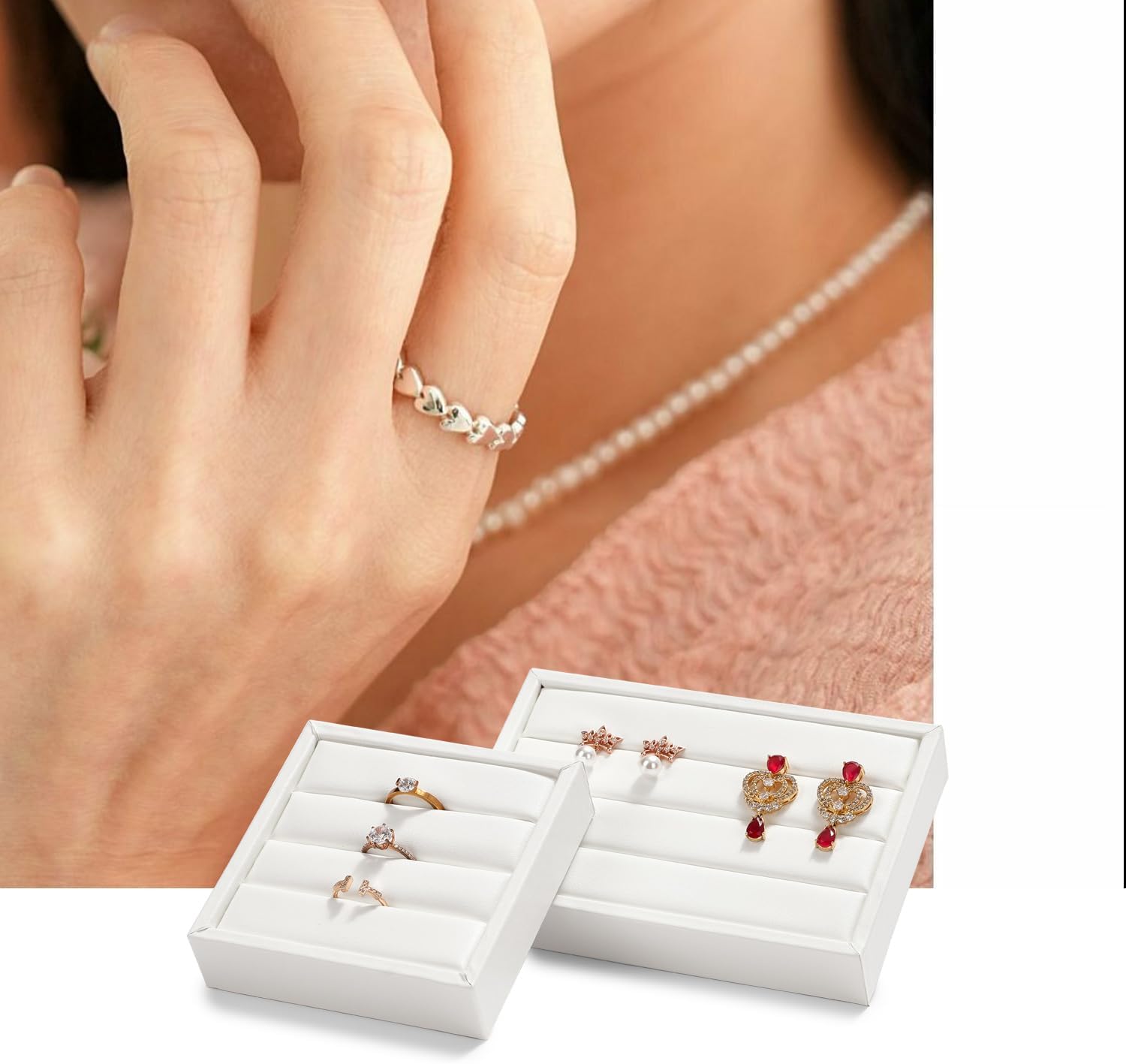 Oirlv White Leather Jewelry Ring Display Tray image 2