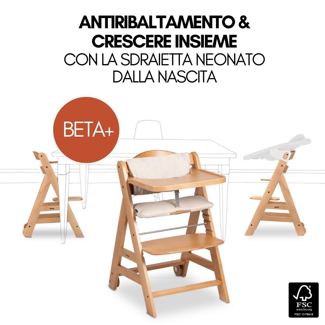 hauck Seggiolone Beta+ Newborn Set Premium da 0 Mesi - Seggiolone In Legno Evolutivo, con Sdraietta Neonati (Dondolo Neonati), Cuscino Seduta, Vassoio - Naturale, Grigio Scuro