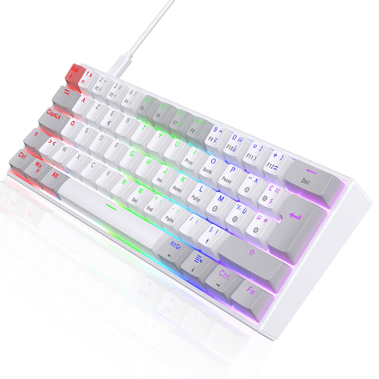 TECURS Teclado mecánico – Teclado Gamer de juego con cable Switchs Azul, AZERTY francés, LED retroiluminado, teclado Gaming Mini 60% para PC/Windows/PS5/PS4, blanco y gris