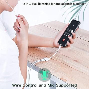 Dual Lightning iPhone Splitter & Charge Dongle Adapter,[Apple MFi Certified]4 in 1 Audio+Charge+Call+Volume Control Headphones Audio Adapter Compatible with iPhone14/13/12/11/XS/XR/8/7 iPad/iPod/2Pack