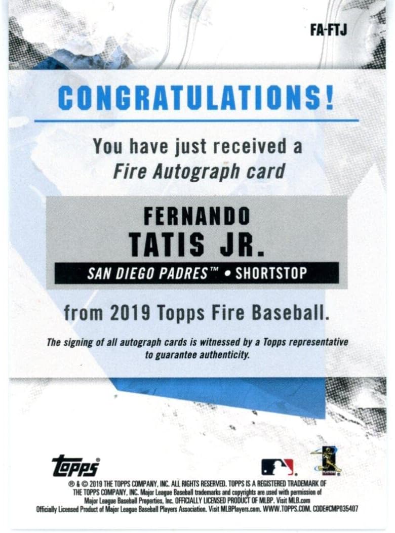 2019 Topps Fire Autographs #FA-FTJ Fernando Tatis Jr. San Diego Padres MLB Baseball Card (Autographed) NM-MT
