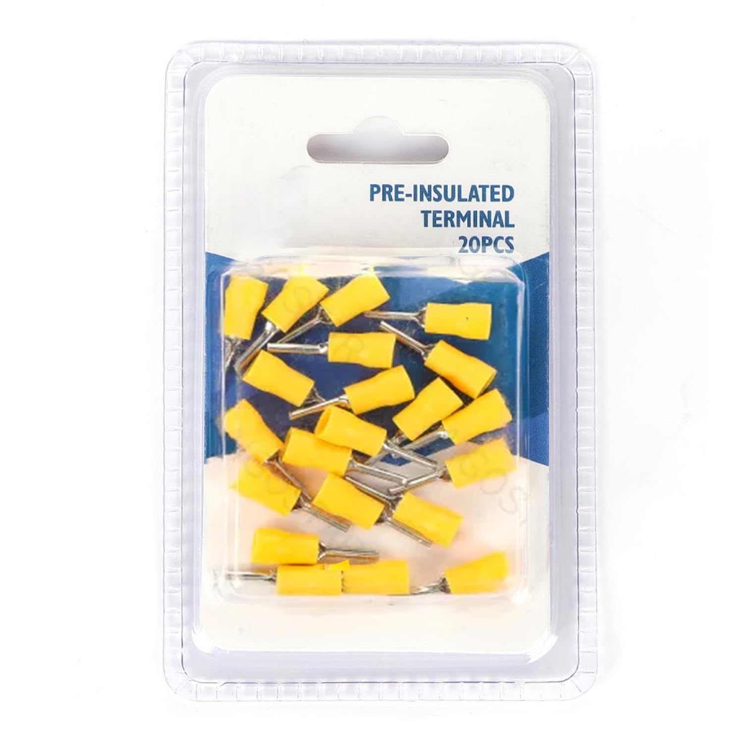 PTV2-10 yellow pre-insulated terminal, designed for safe and efficient electrical connections. Comes in a blister pack of 20, ideal for projects and maintenance.
