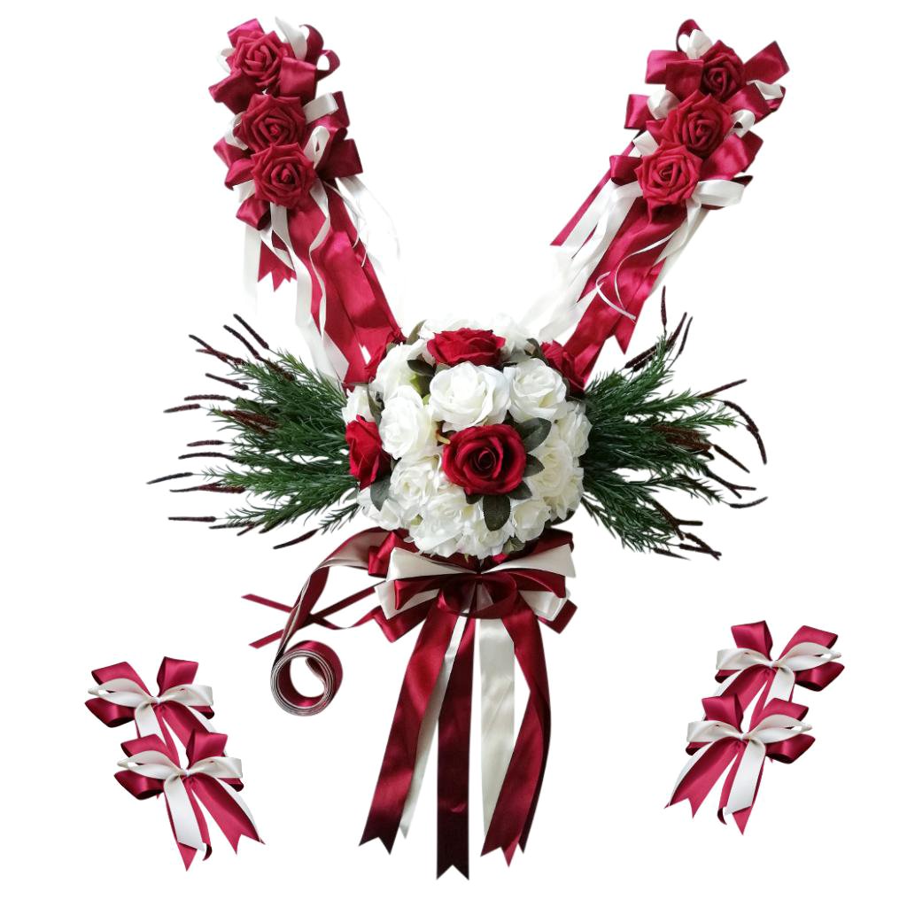 12 Pièces Kit de Décorations de Voiture de Mariage Arcs Fleur en Soie Nœuds Papillon - Rouge