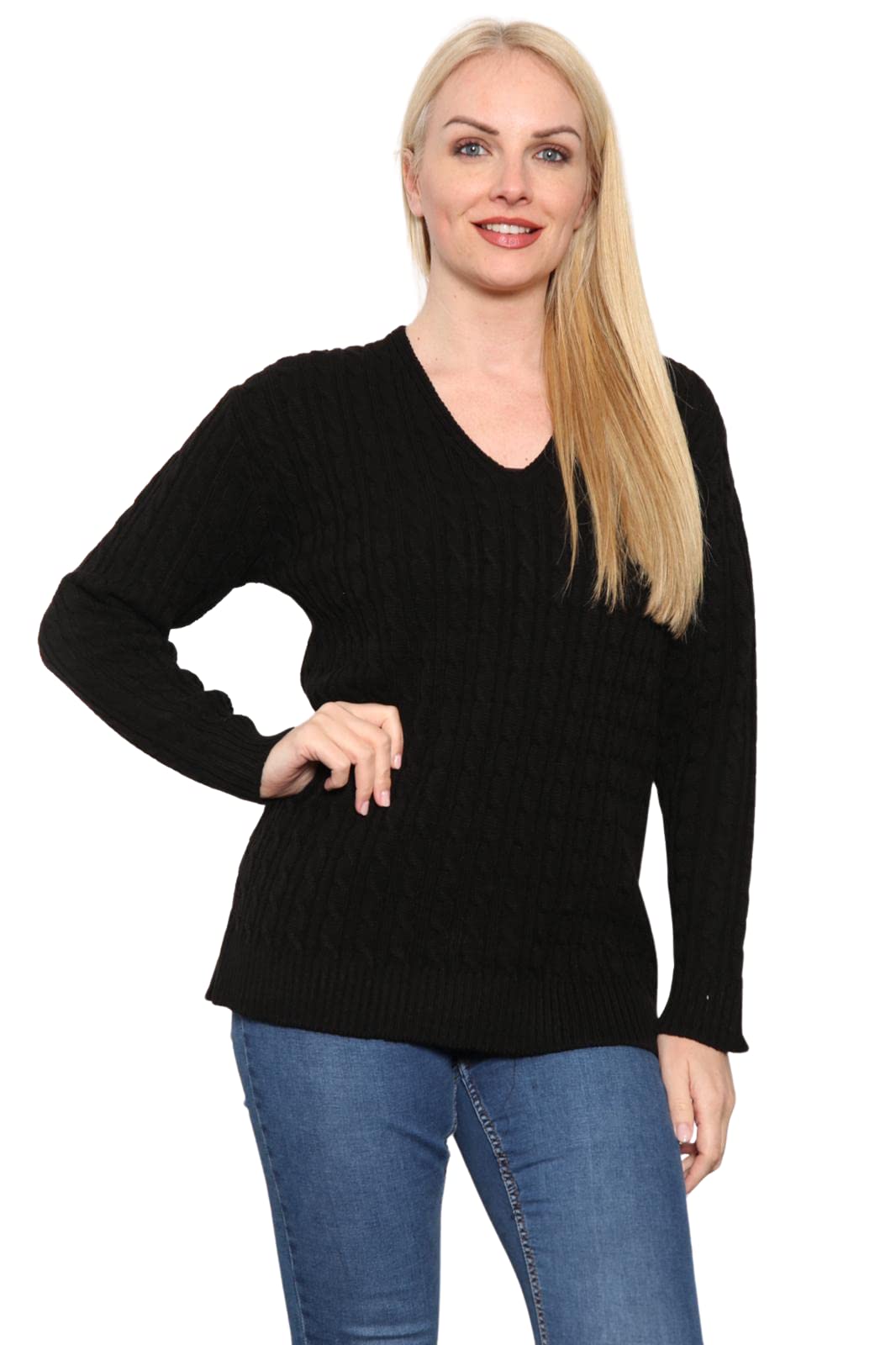 WearAll Women's Plus Cable Knitted Long Sleeve V-Neck Sweater Top Ladies Stretch Jumper - Black - 20-22