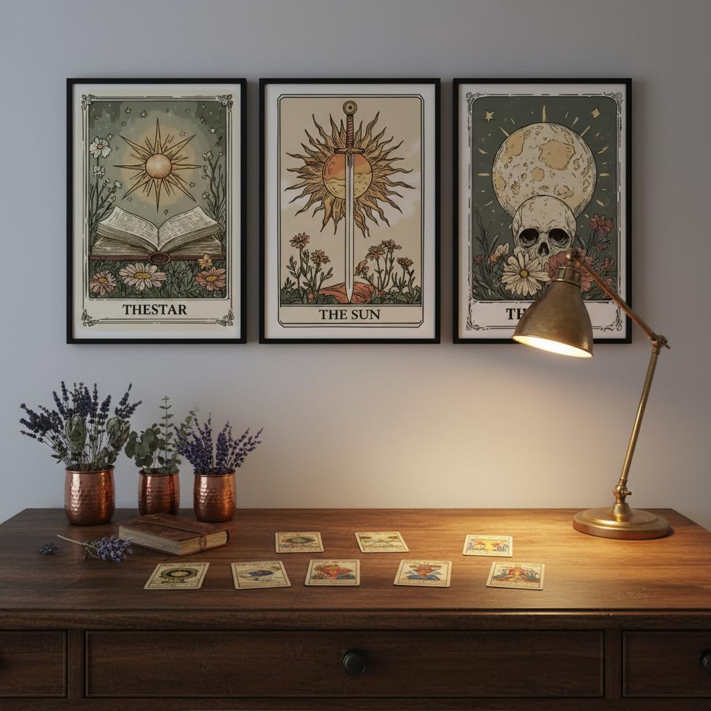 MJVCFWNS 3Pcs Tarot Card Wall Art Boho Celestial Bodies Sun Moon Star Painting Picture Wall Decor Vintage Skull Book Flowers Sword Poster Printing Artwork for Living Room Bedroom Office Home Decor