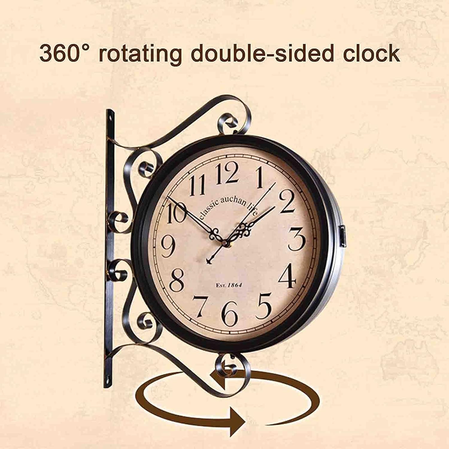 Outdoor Garden Wall Clock Double Sided Clock Classical 360°Rotation Double Sided Train Station Clock with Station Bracket Garden Clock Indoor Outdoor Decoration Outdoor Clock