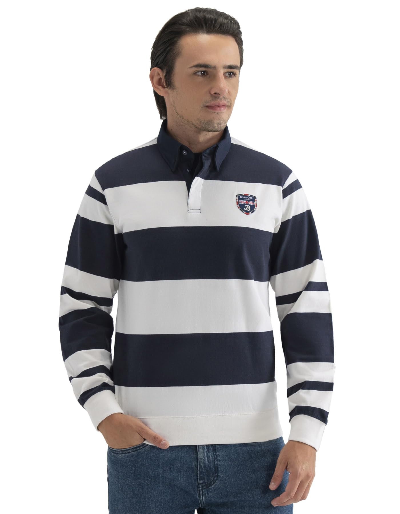 BRIAN OAK LONDON Navy and White Yarn Dyed Striped Rugby Shirt (UK, Alpha, M, Regular, Regular, Navy)