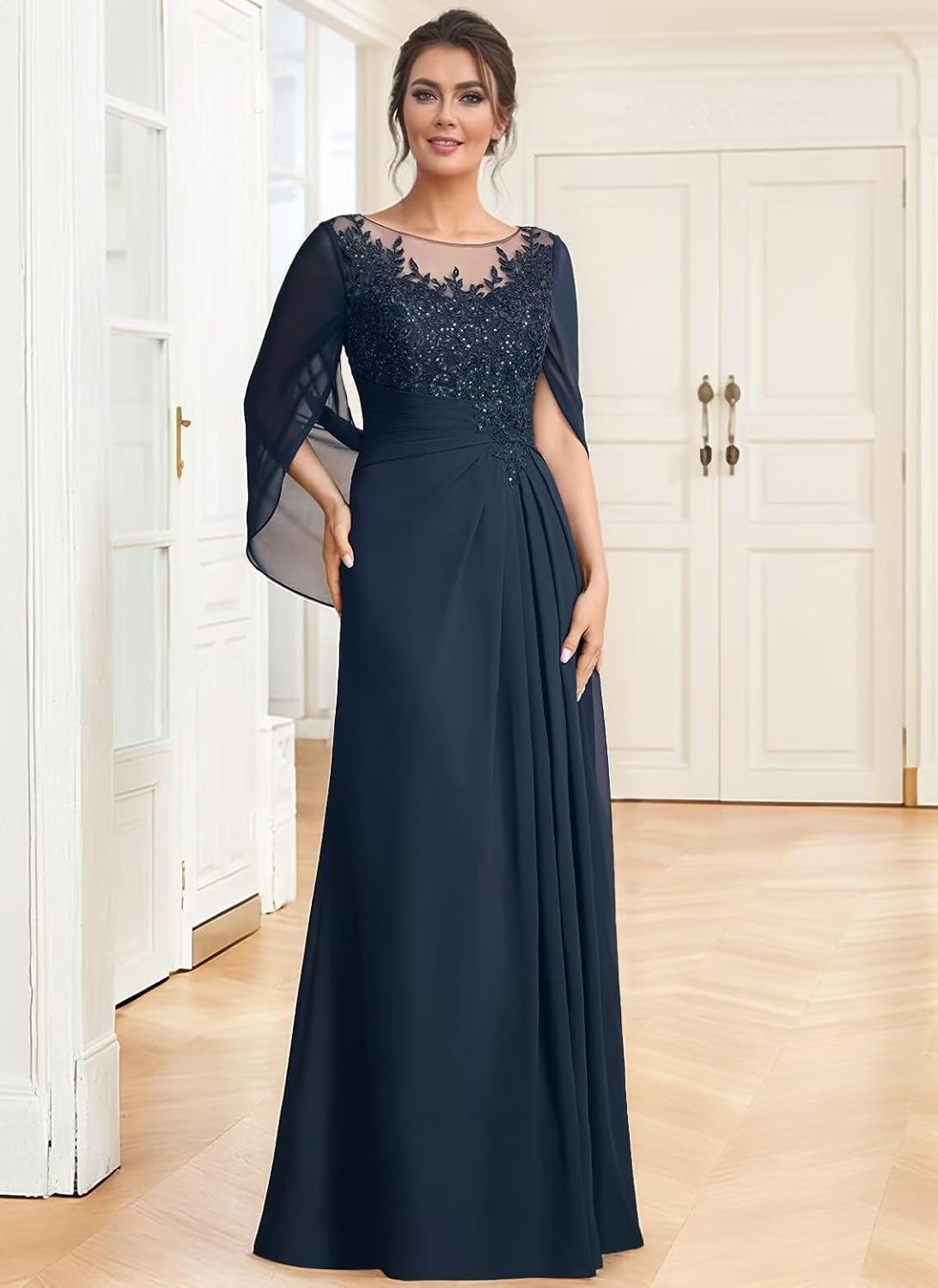 Cadoly Women's Cape Sleeve Mother of The Bride Dresses for Wedding 2025 Chiffon Lace A-Line Formal Evening Gown - Image 3
