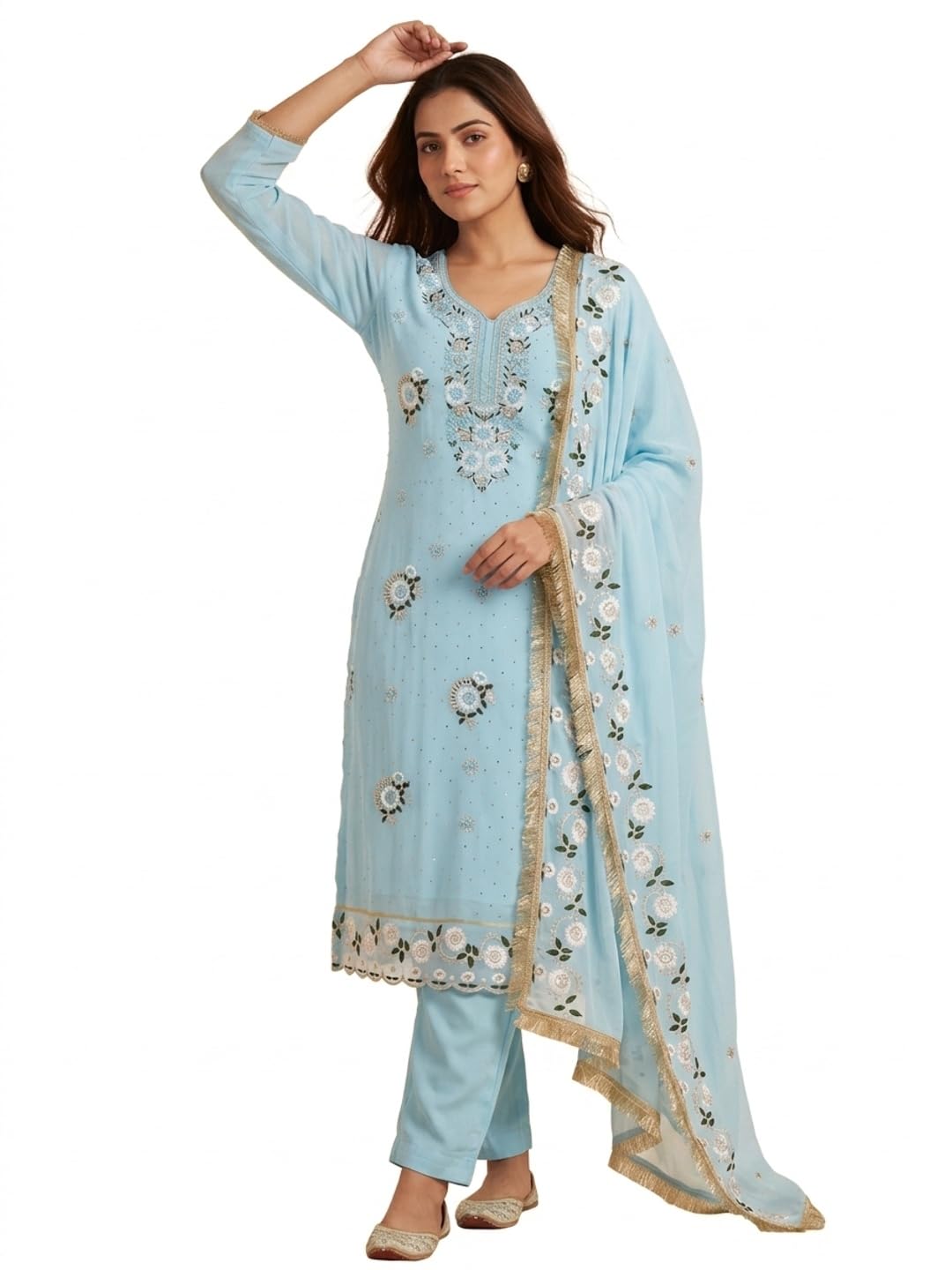 Women's Floral Embroidery Georgette Unstitched Dress Material | Stylish Ethnic Casual Wear Ladies Latest 3 Piece Kurti Pant Dupatta Fabric Salwar Suit Sets for Women Free Size-image-39