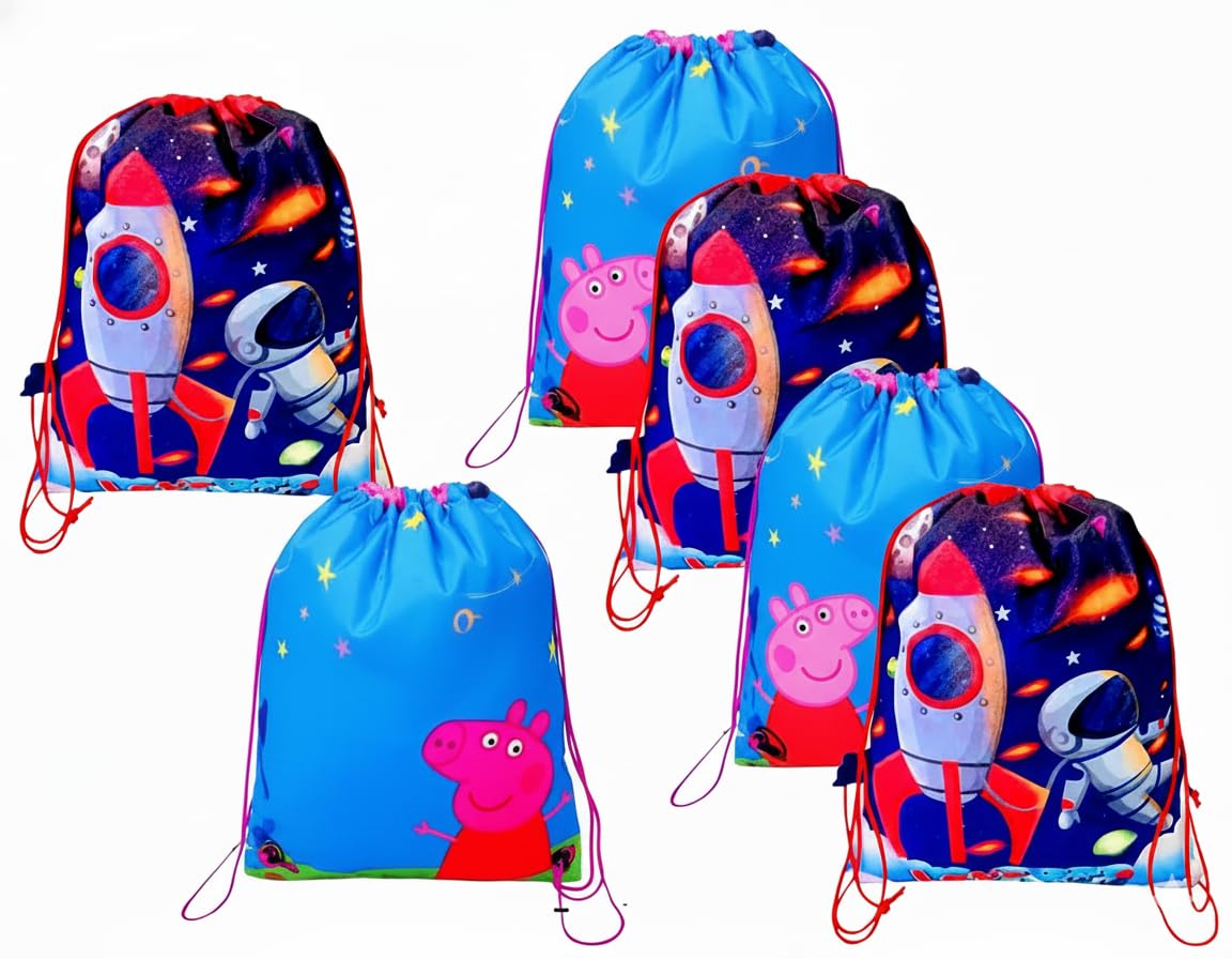 Birthday Party Return Gifts Pack Of 12 Pcs Non-Woven Space(6) And Peppaa Pigg(6) Print Drawstring Backpack Bag Haversack Bags for Kids/Boys/Girls Birthday Return Gift/Party Favour Gift-image-5