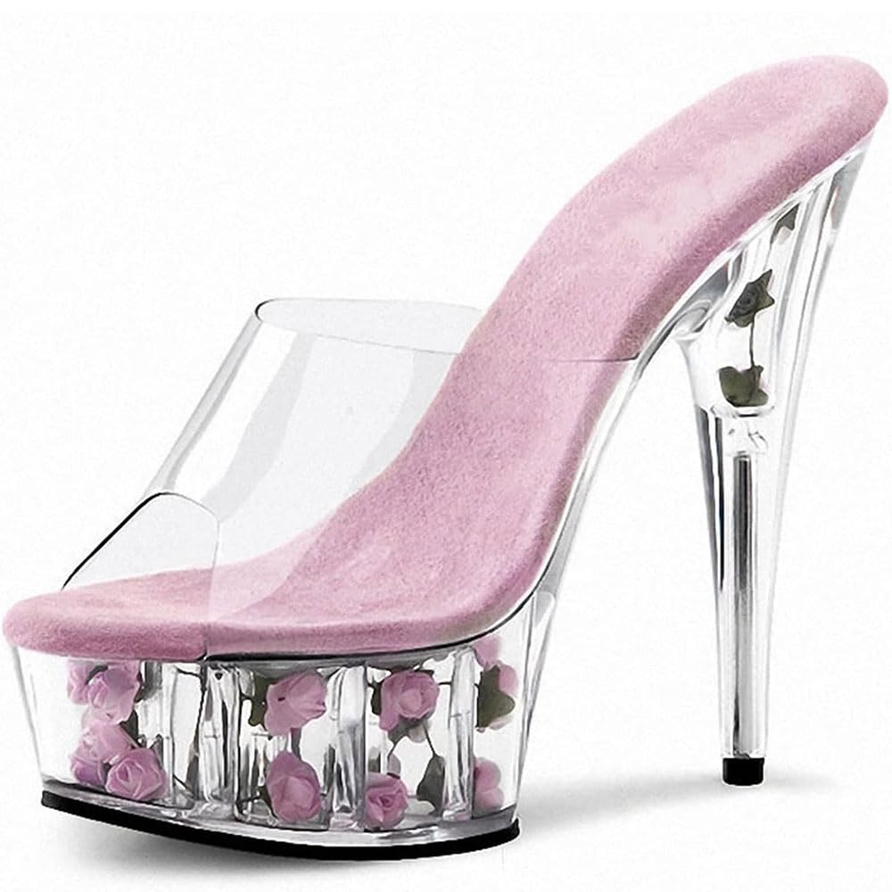 Hyfzxwx Women's M Clear High Heels Red Rose Platfor Mules Sandals Sexy Stripper Club Pole Dance Wedding Dress Party Shoes Large Size /M/34Eu