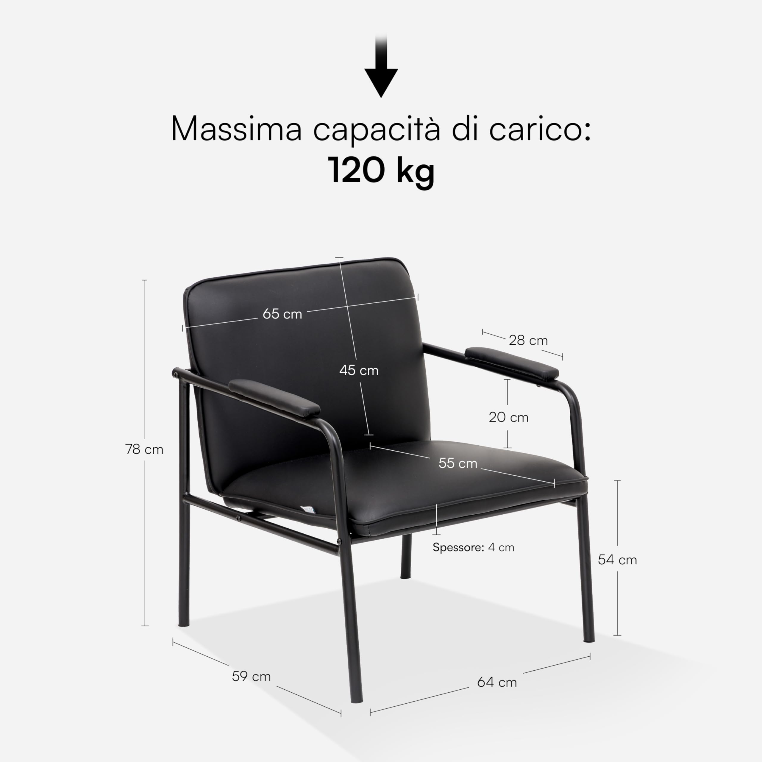 Baroni Home Poltrona in Ecopelle con Struttura in Ferro Design Moderno di Metà Secolo, Seduta Relax per Salotto, Camera da Letto, Ufficio, 78x59x64 cm, Nera